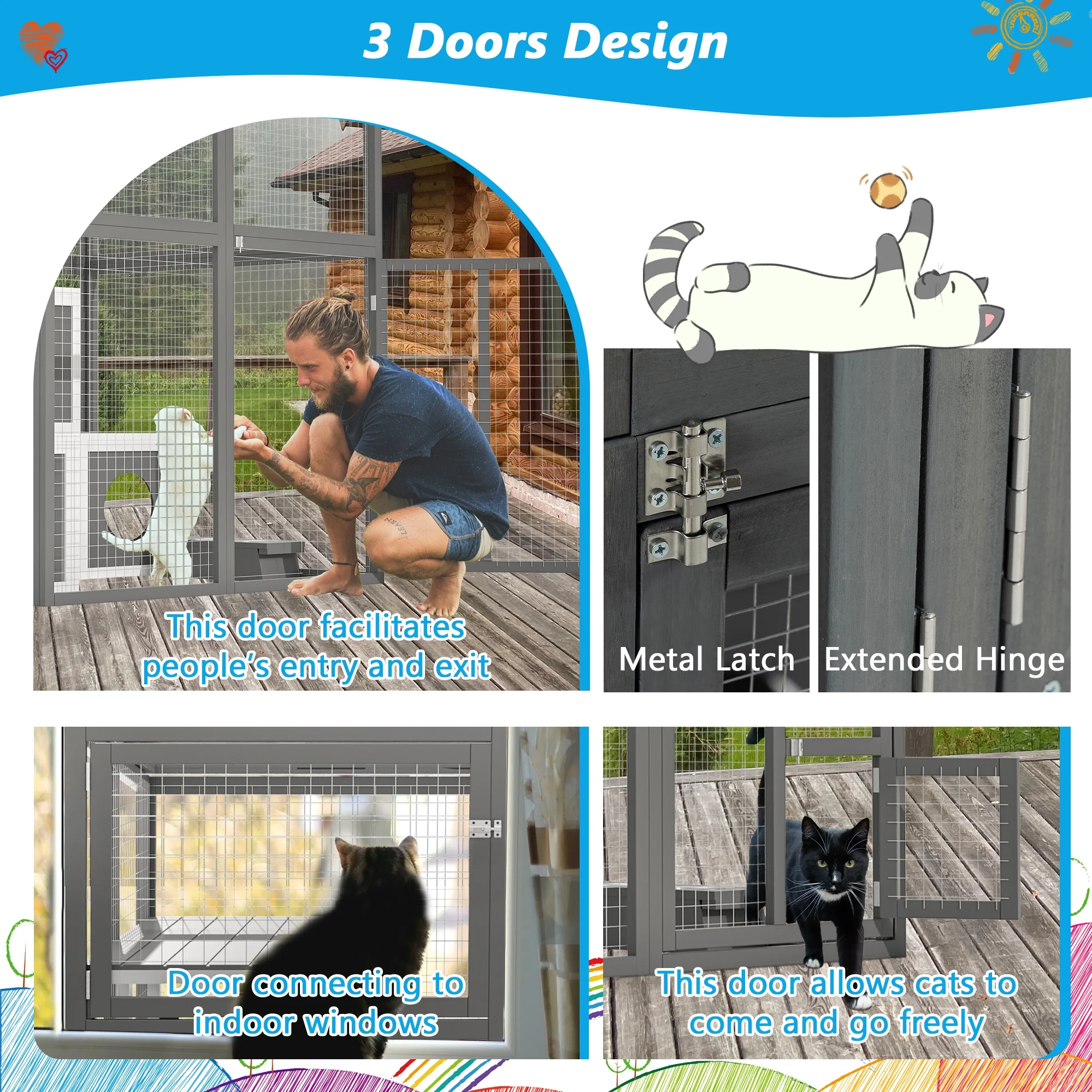 Montary Catio Outdoor Cat Enclosure with Window Access, 4-Tier Cat House with Wheels, Waterproof Roof &amp; Resting Box, Large Gray Cage