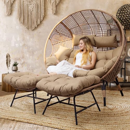 NICESOUL® Double Egg Chair Indoor Outdoor Stationary Oversized Thicken Padded Cushions, 2 Person Egg Loveseat Chair