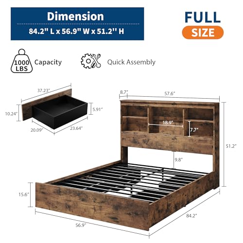 GarveeHome Full Size Bed Frame with High Storage Bookcase Headboard, Wood Bed Frame with 4 Storage Drawers, Built in Charging Station