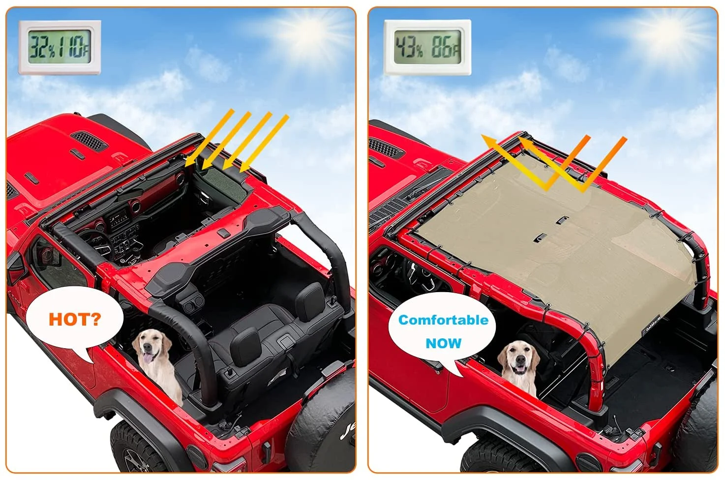 Shadeidea Jeep Wrangler Sunshade JL 2 Door (2018-Current) Sun Shade Front and Rear Trunk - Tan Mesh Screen Top Cover UV Blocker with Grab Bag