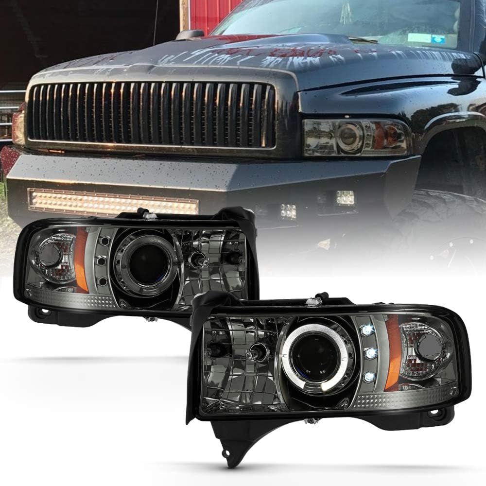 ACANII - For 1994-2001 Dodge Ram 1500 2500 3500 LED Halo Ring Chrome Housing Projector Headlights Headlamps Assembly