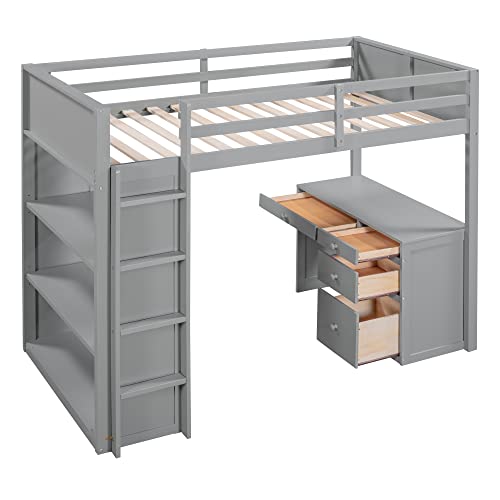 Harper & Bright Designs Full Size Loft Bed with Wardrobe and Desk, Solid Wood Loft Bed Frame with Storage, for Kids Teens Adults (Full Size, White)