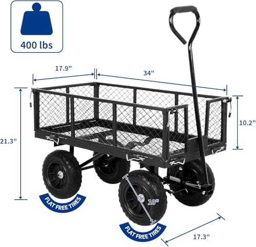 BILT HARD 880 lbs 10" Flat Free Tires Steel Garden Cart with 180° Rotating Handle and Removable Sides