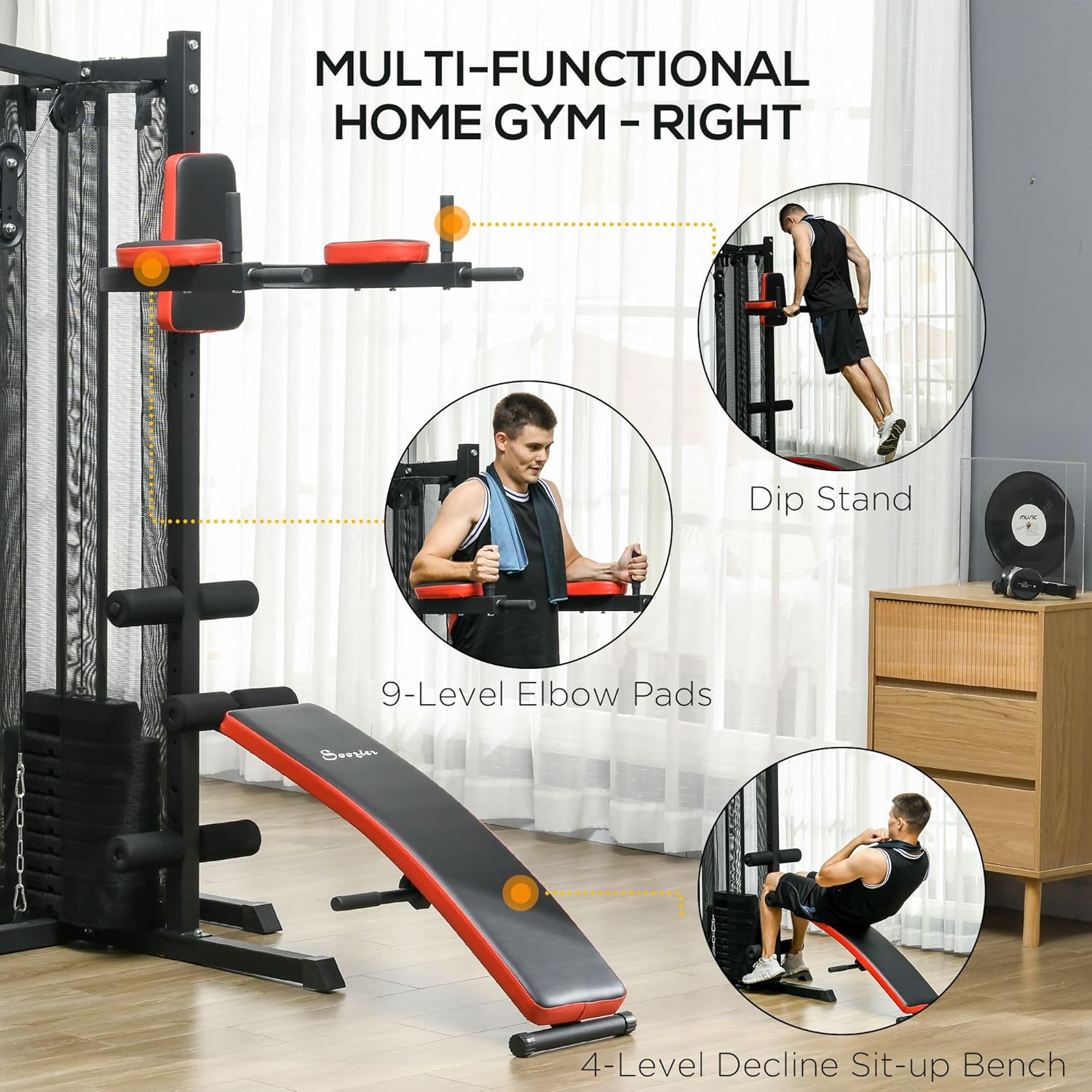 Soozier Multi Gym Workout Station with 143lbs Weight Stack, Home Gym Equipment with Sit up Bench, Push up Stand, Dip Station, Adjustable