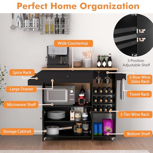 Rolling Kitchen Island with Drop Leaf & Power Outlet, Microwave Cart with Storage Cabinet, Drawer, Wine & Cup Holder, Spice & Towel Rack