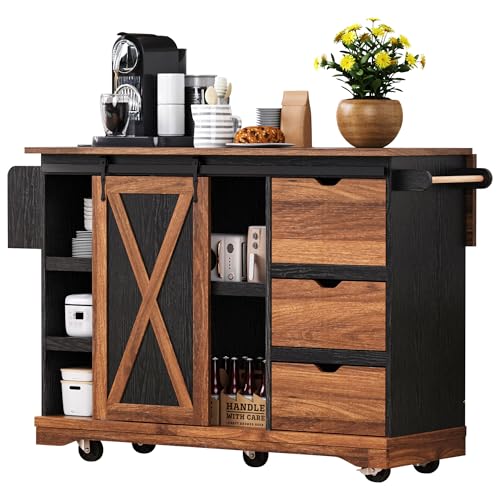 Farmhouse Kitchen Island with Power Outlet, Drop Leaf, Spice Rack and Drawer,Rolling Kitchen Cart on Wheels