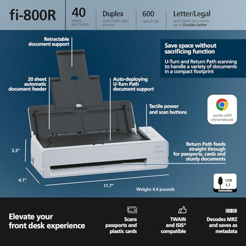 RICOH fi-800R Ultra-Compact, Color Duplex Document Scanner with Dual Auto Document Feeders (ADF)