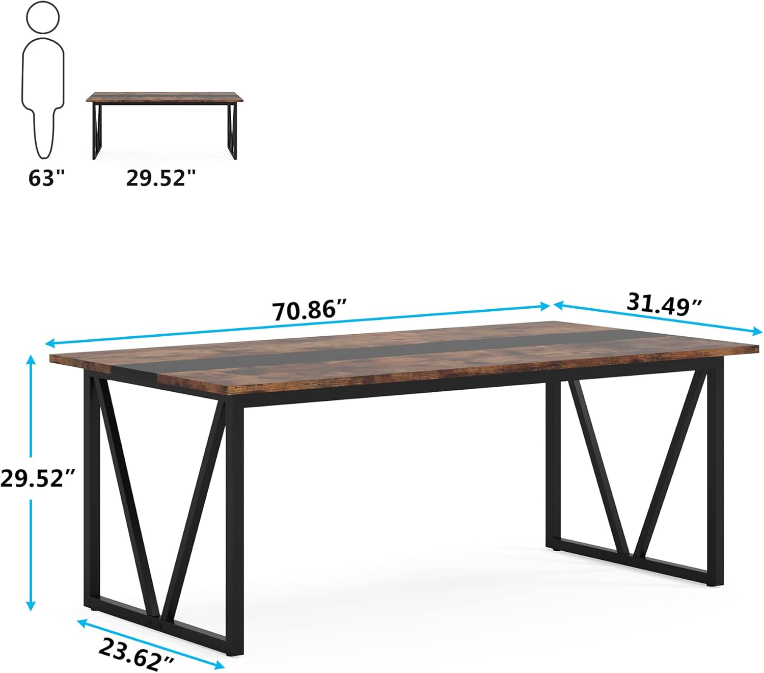 TRIBESIGNS WAY TO ORIGIN Dining Table for 6-8 People, 70.8-inch Rectangular Wood Kitchen Table with Strong Metal Frame