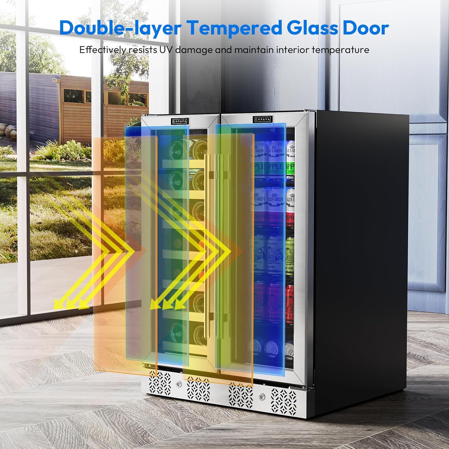 Empava Wine and Beverage Refrigerator Cooler Dual Zone 24 inch, Built-in Counter or Freestanding Fridge with Glass Door and LED Light