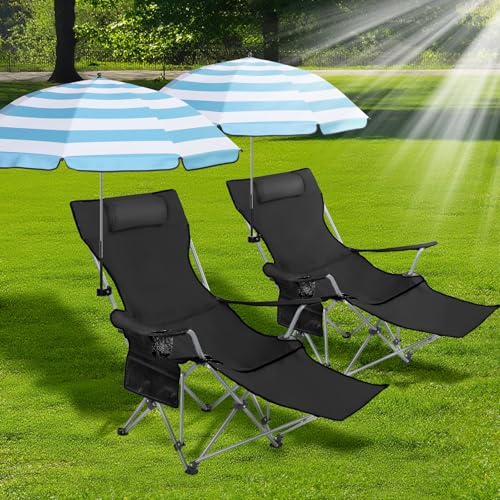 Karenhi 2 Set Beach Camping Chair with Umbrella for Adult Folding Reclining Camping Chair with Foot Rest Adjustable Clamp Canopy Shade for Outdoor