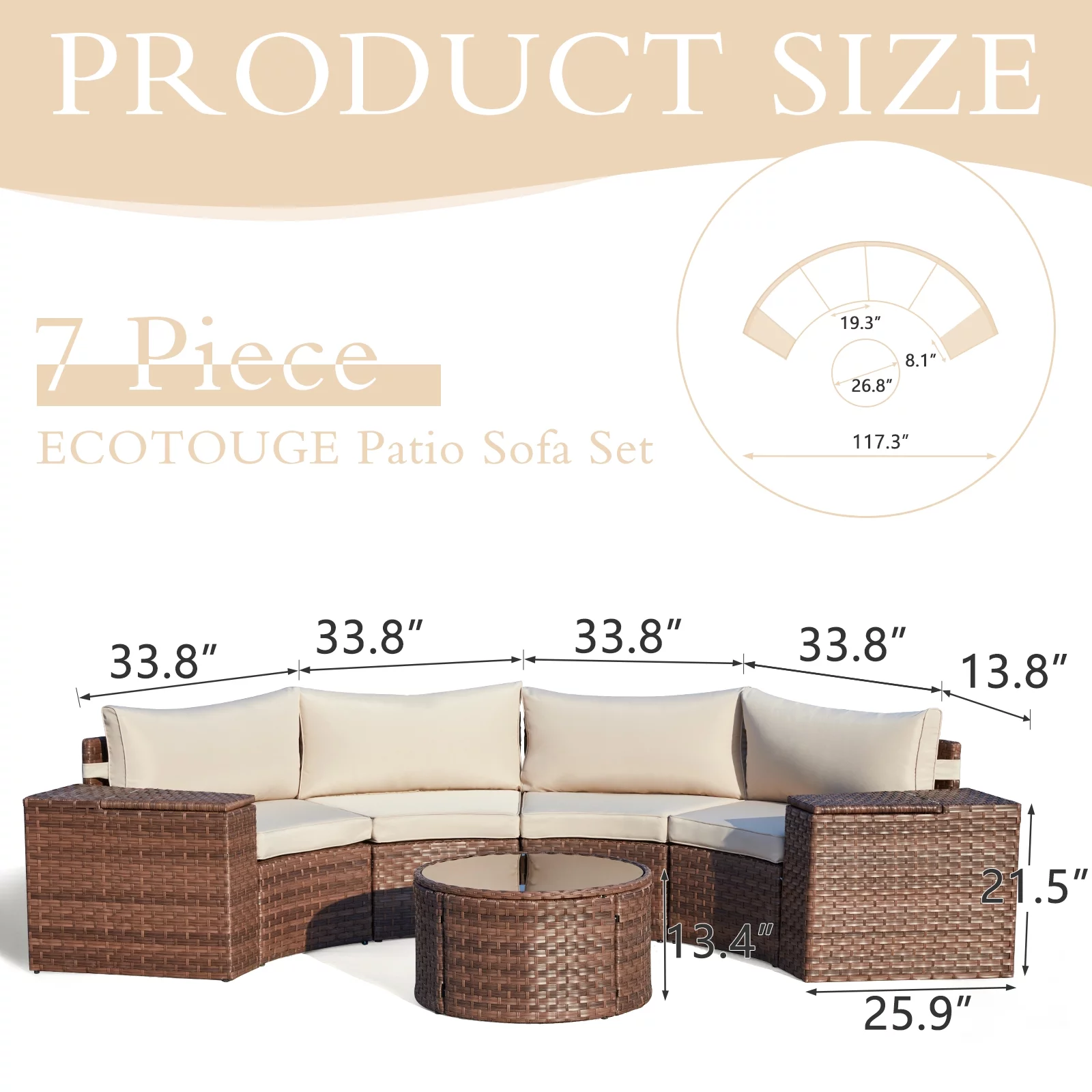 AVAWING 7-Piece Half Moon Patio Set, Wicker Sectional Sofa, Glass Table, Waterproof Covers (Beige)