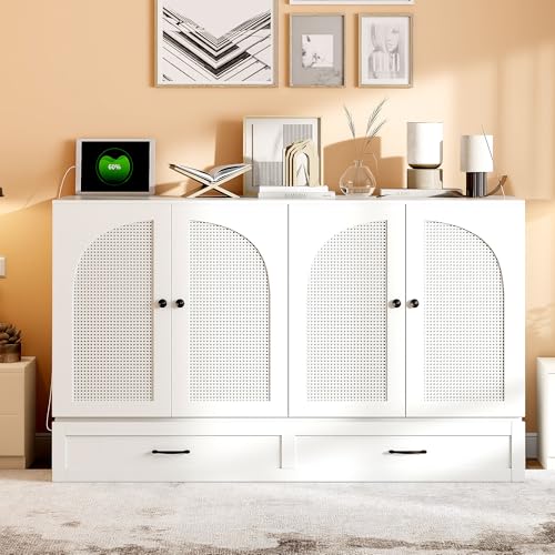 Harper & Bright Designs Queen Size Murphy Bed Cabinet Wall Bed Chest with USB, Charging Station and Large Storage Drawer for Home Office (White)