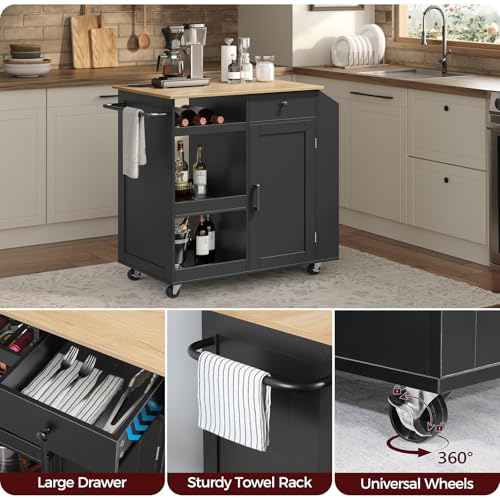 Kitchen Island with Power Outlet, Kitchen Storage Island with Drawer, Rolling Kitchen Cart on Wheels, Spice Rack, Towel Rack, Wine Rack