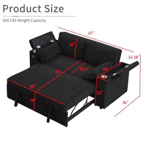 68.11" Corduroy Sleeper Chair Bed with USB Port, Cup Holders & Side Storage Pockets – 3-in-1 Foldable Sofa Bed for Guest Room, Living Room – White