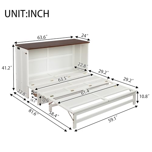 KEIKI Queen Size Murphy Bed with Charging Station, USB Ports & Storage Drawers, Pine Folding Cabinet Bed for Guest Room, Bedroom, Office