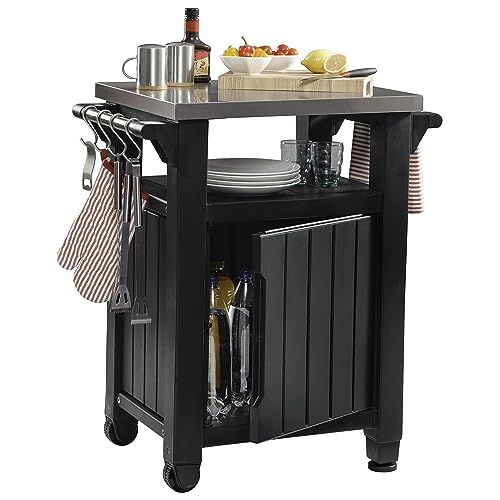 Keter Outdoor Rolling Table Cart for Food Prep, Storage, Bar & Grill, Dark Brown - Portable Kitchen Island Tabletop with Wheels for Drinks, Snacks