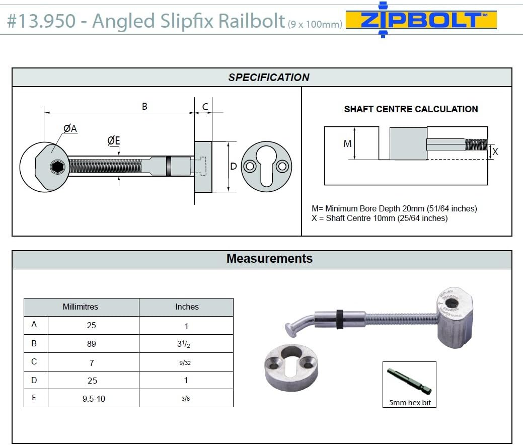 Zipbolt 13.960 Angled Slipfix Railbolt - Angled Staircase Handrail or Banister to Newel Post Connector (Upper Connection) - 1 Pack