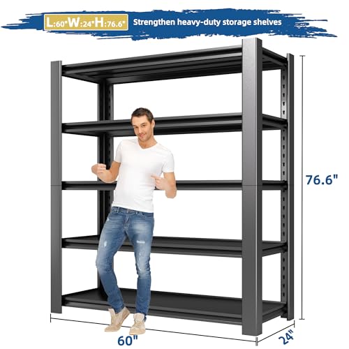 76.6" H Heavy Duty Garage Shelving Unit, 60" W Adjustable Metal Storage Rack, 5-Tier Metal Shelves, 24" D Industrial Shelving for Garage, Basement