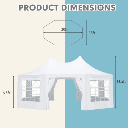 EROMMY 26x19ft Party Tent, White Wedding Tent, Decagonal Heavy Duty Canopy with 8 Removable Sidewalls, 8 Church Windows and 2 Pull-Back Doors