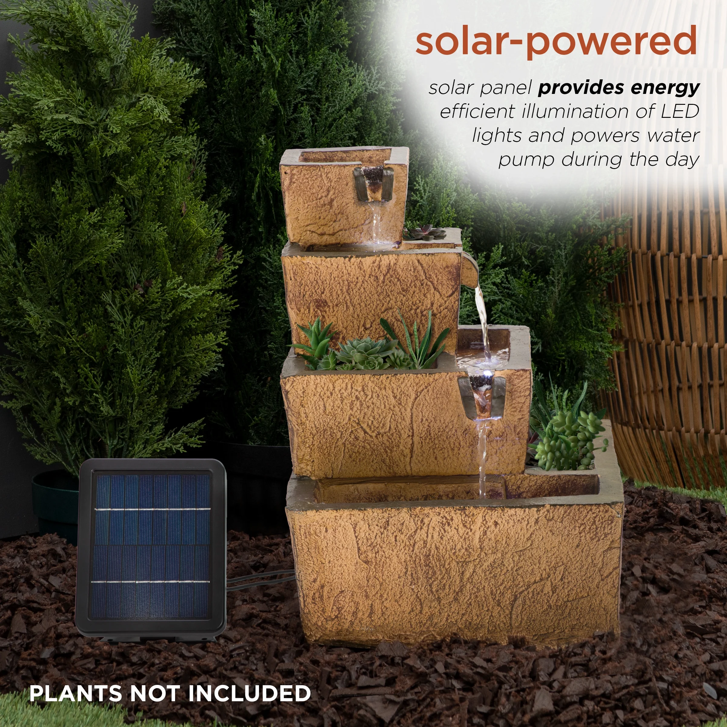 Alpine Corporation 17" Tall Solar Rustic Tiered Fountain Yard Decoration with LED Lights