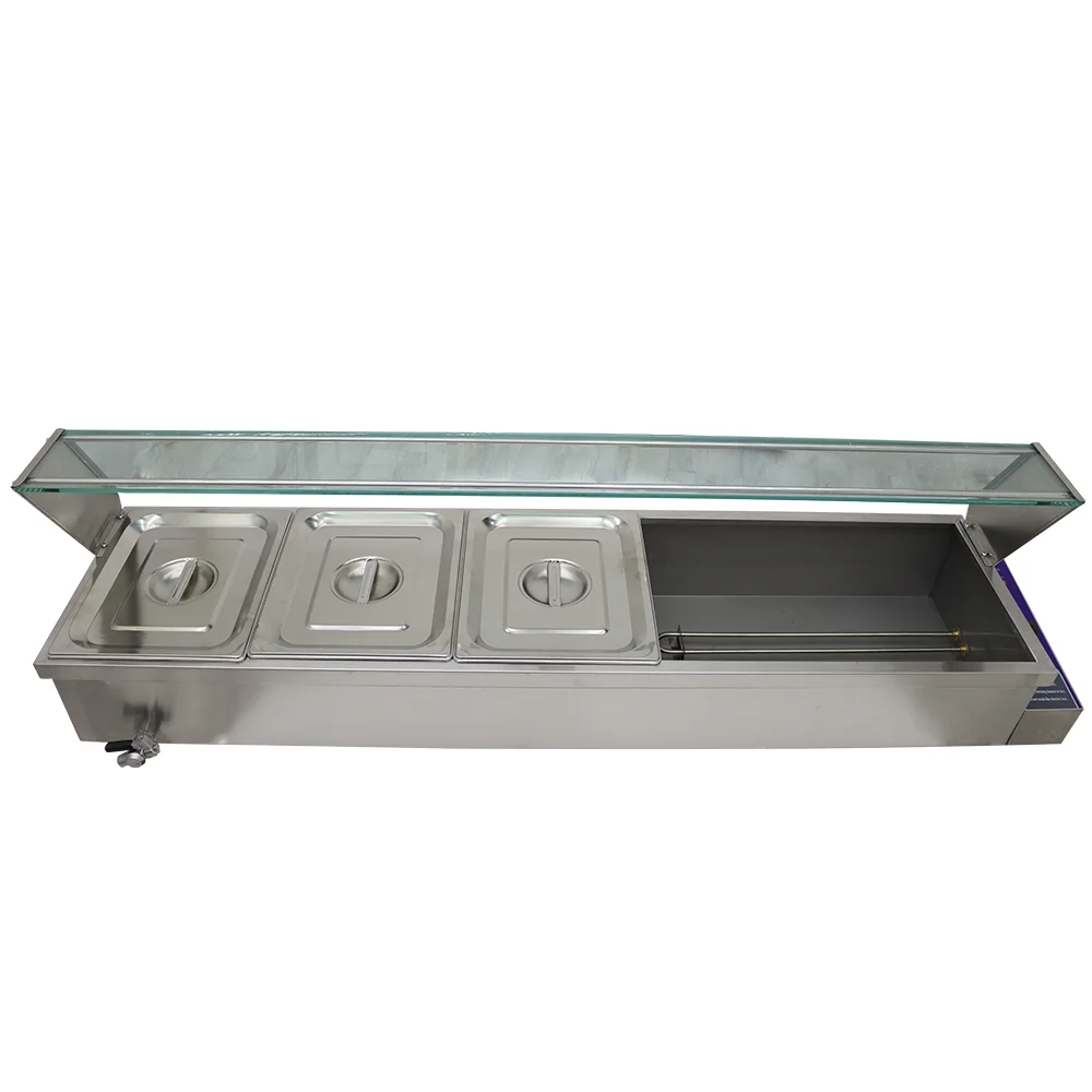 TECHTONGDA Buffet Food Warmer Stainless Steel Bain Marie Buffet Countertop 5 Pan Electric Steam Heater 6"Deep with Glass Shield