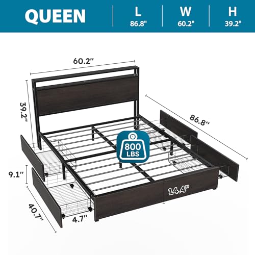 Full Size Bed Frame with Headboard, LED Platform Bed with 4 Storage Drawers, Built in Charging Station, Noise-Free, Metal Support Base
