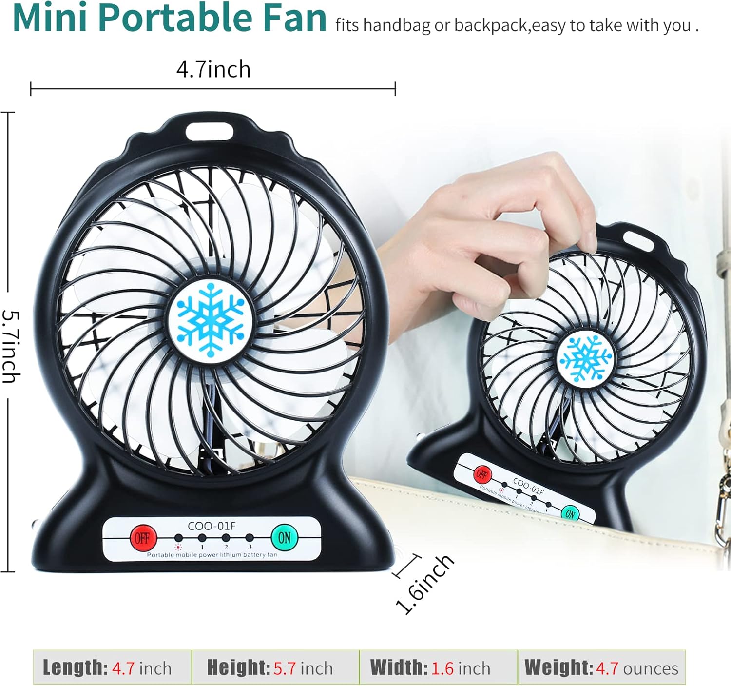 Portable Desk Fan Rechargeable,Portable Fan for Travel,Small Battery Operated USB Fan with Flashlight,2200mAh Power Bank for Phone Charge