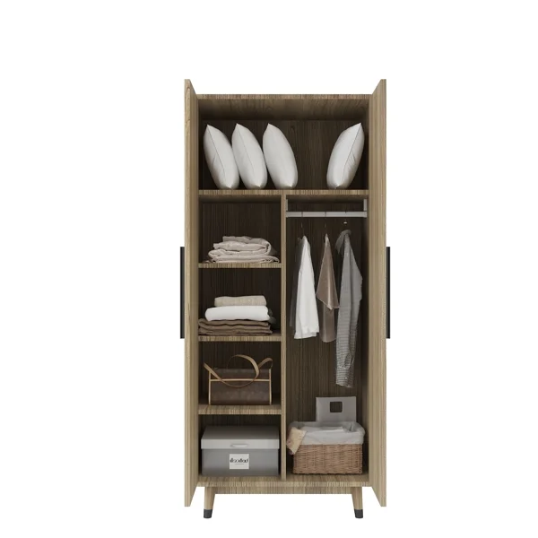 SYTHERS 31.5"L x20.5"W x70.9"H 2 Doors Wardrobe Closet & Cabinet, Functional Clothes Storage with Hanging Rail for Bedroom, Oak Color