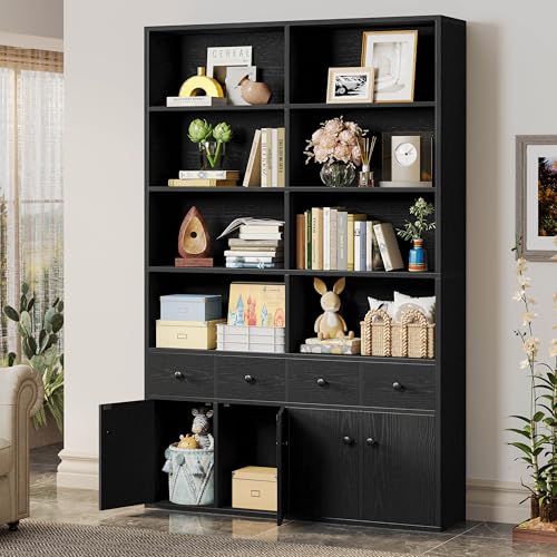 IRONCK 78.7" Bookcase with 4 Drawers and 4 Doors, 6 Tier Large Bookshelf with Storage, Floor Standing Display Storage Shelves