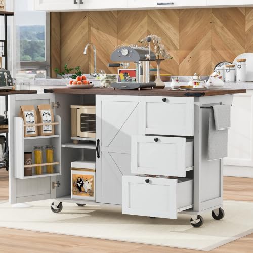 Bellemave Kitchen Island with Storage Cabinet on Wheels, 53.5'' Mobile Kitchen Cart with Power Outlet, Drop Leaf, Spice/Towel Rack and Drawer