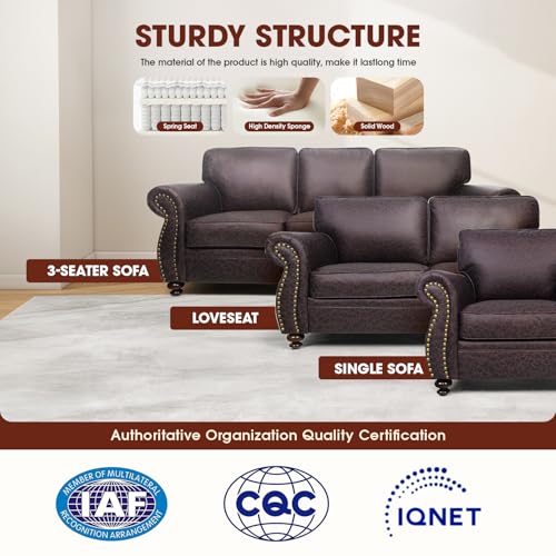 Mid-Century Vintage Sofa Couches with Rivet Design,3-Seater Sofa,Removable Sofa Cover Upholstered Cushions and Solid Wood Frame (Brown, 3-Seater)