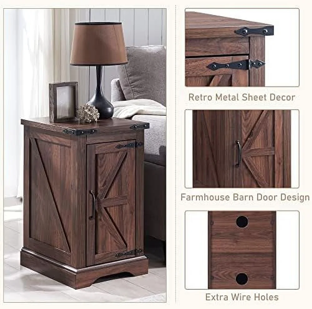HOOMHIBIU Nightstand with Charging Station  Rectangular Farmhouse End Table with Barn Door and Adjustable    17"