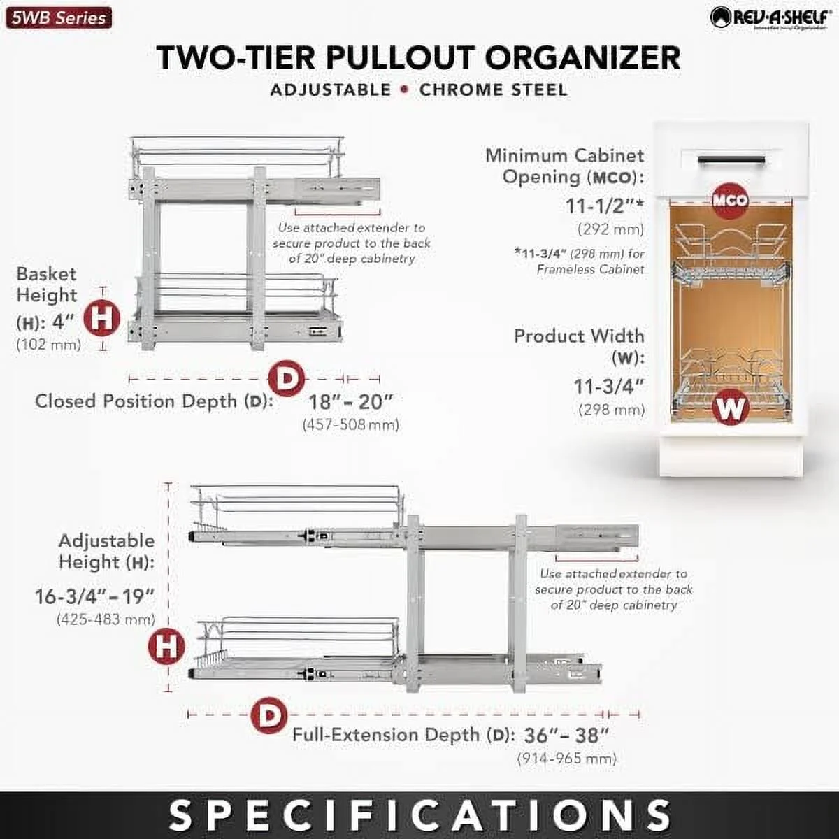 ZFGSUIJN 2-Tier Kitchen Cabinet Pull Out  and Drawer Organizer Slide Out Pantry  Basket in Multiple Sizes  12 x 18 In  5WB2-1218CR-1