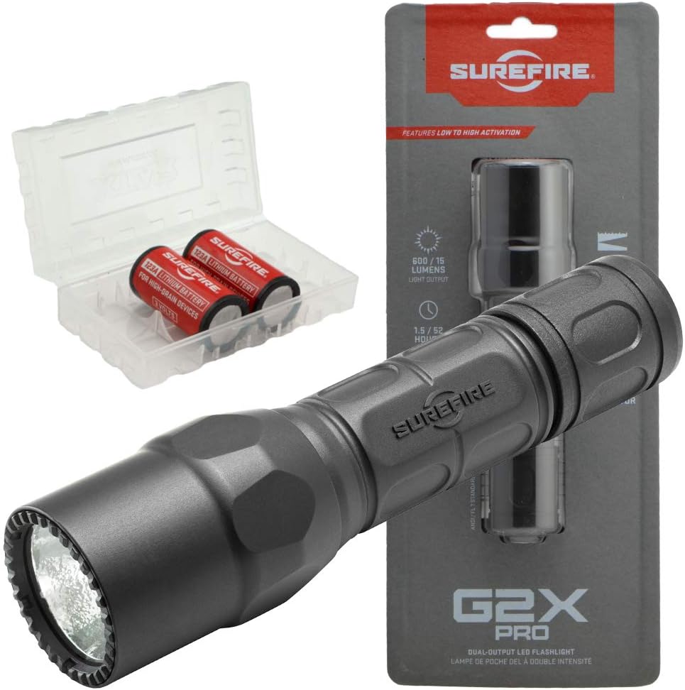 SureFire G2X Pro 600 Lumen Tactical EDC Flashlight Bundle with 2 Extra CR123A Batteries and Lightjunction Battery Case (Tan)