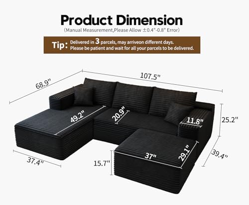 107.5" Cloud Modular Sectional Sofa with 1 Ottoman,Modern Minimalist Upholstered Couches, Comfort U Shaped Sofa for Living Room
