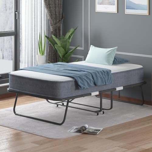 Mjkone Folding Bed with 5 Inch Memory Foam Mattress, Single Rollaway Bed for Guests, Space Saving Portable Bed with Lockable Wheels
