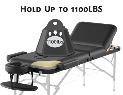 Professional Massage Table Portable 3 Fold Premium Memory Foam Aluminium Leg Hold Up to 1100LBS 8 Heights Adjustable with Carrying Bag Black