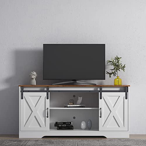Farmhouse Wood TV Stand, Entertainment Center for Televisions up to 65 Inchs with Sliding Barn Doors