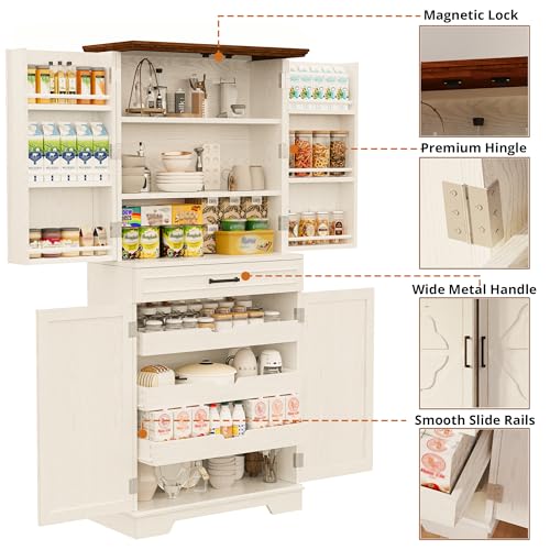 IRONCK Farmhouse Kitchen Pantry Cabinet, 72" Height Tall Freestanding Cupboard with Sliding Storage Rack and 6 Hanging Shelves for Kitchen