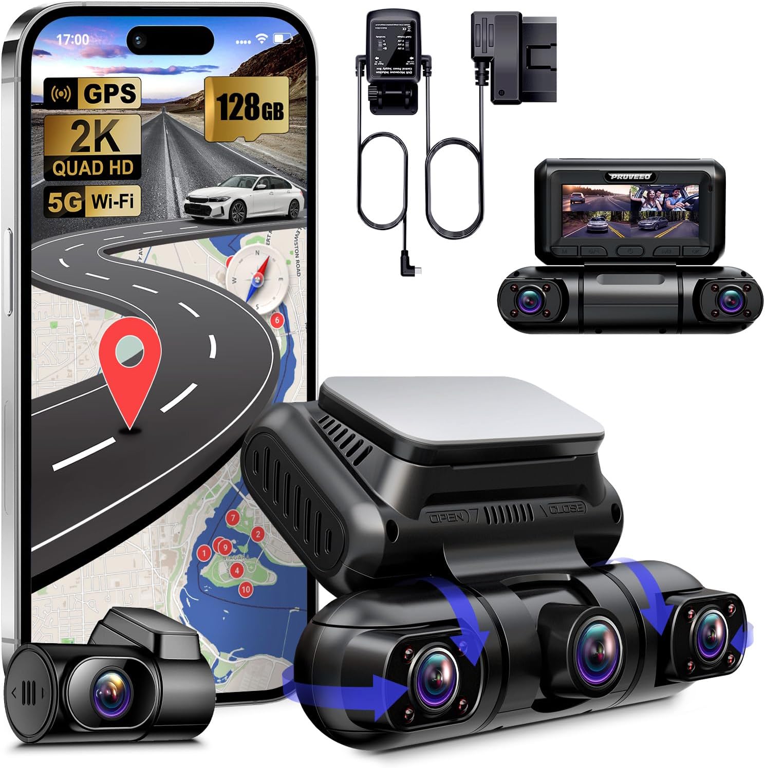 PRUVEEO Dash Cam, 4 Channel Front and Rear Inside Left Right, Microwave Radar Motion Detection Parking Mode Monitoring, Built-in GPS WiFi