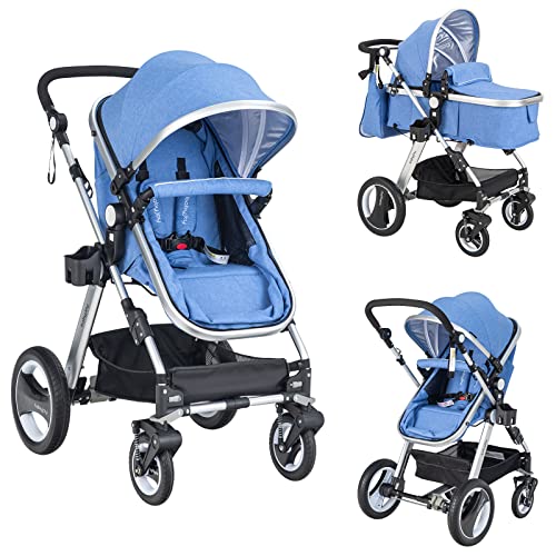 BABY JOY Baby Stroller, 2-in-1 Convertible Bassinet Reclining Stroller, Foldable Pram Carriage with 5-Point Harness, Including Cup Holder, Foot Cover