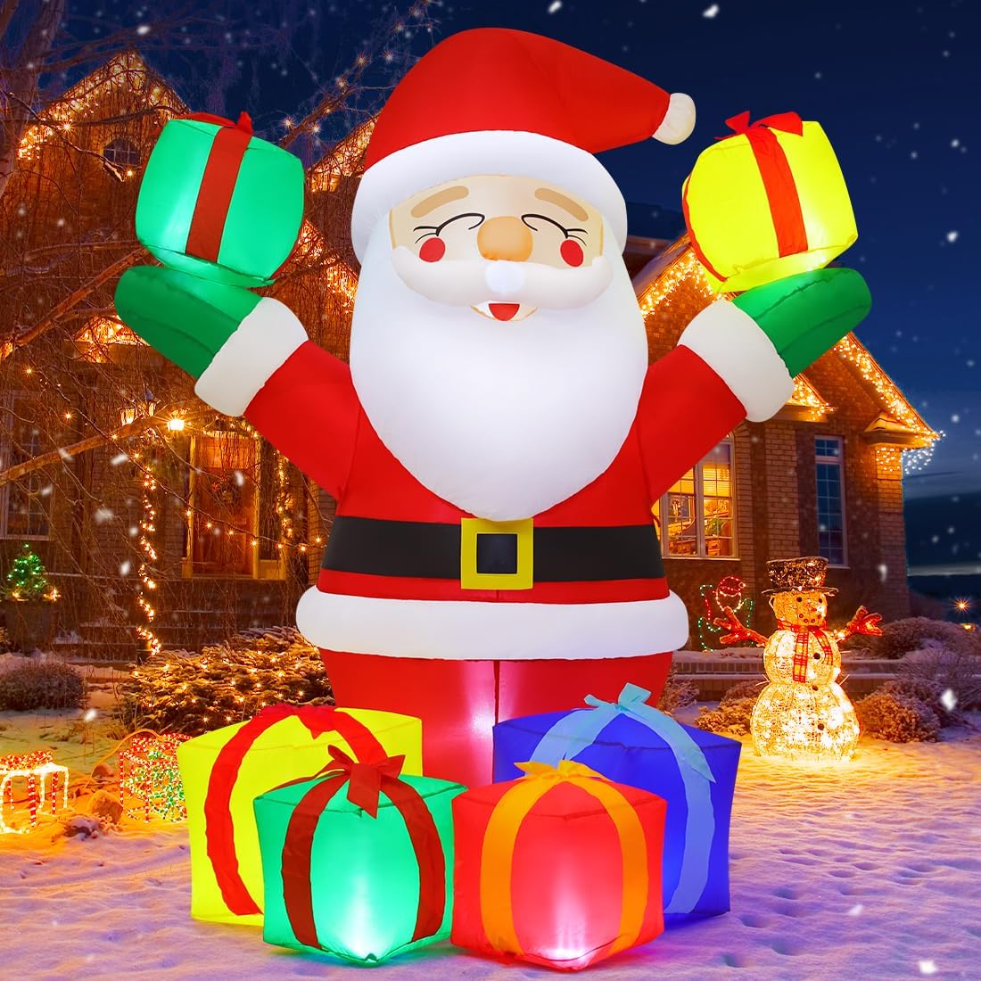 GOOSH 7 FT Christmas Inflatables Santa Claus in Sleigh and 6 FT Christmas Santa Inflatables Outdoor Decorations Smiling Santa Claus with Present Boxes