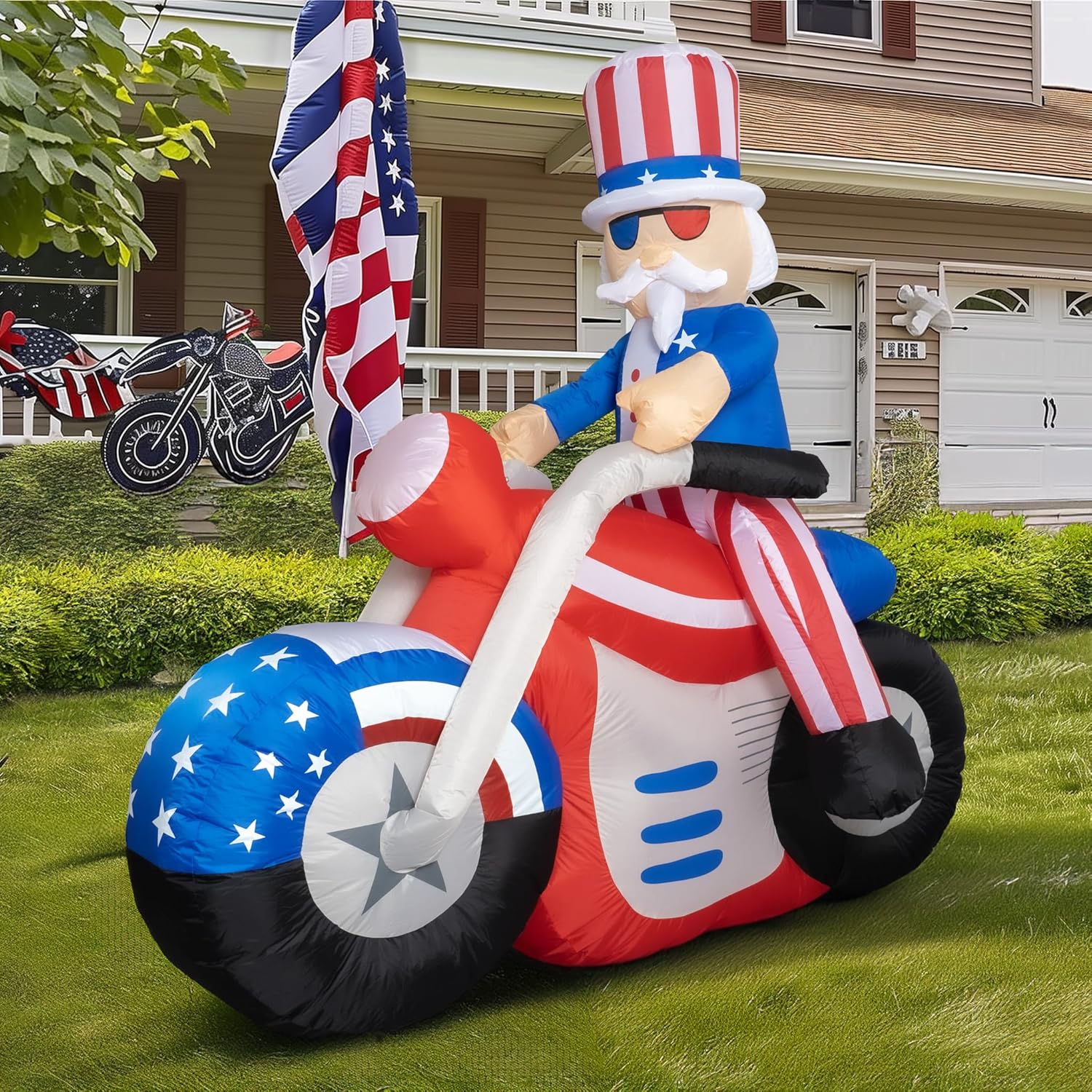 Dazzle Bright 4th of July Inflatable Decorations, 6FT Uncle Sam on Motorcycle Pre-Lit LED Independence Day Decor