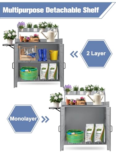 Kalolary Potting Bench for Outside Garden Potting Table with Storage Cabinet Foldable Shelf Multipurpose Garden Workstation Wooden Outdoor Potting