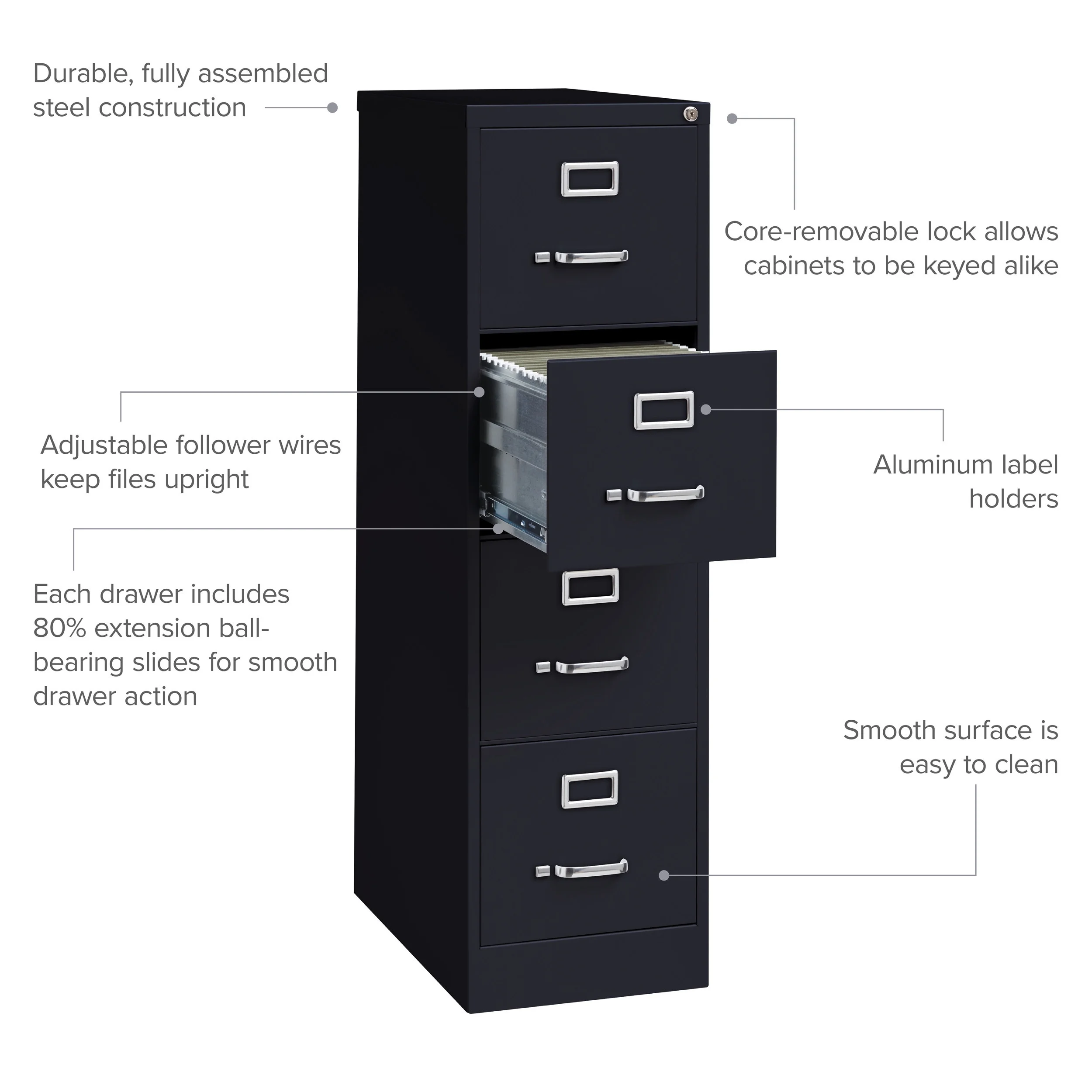 Hirsh 25" Deep 4 Drawer Letter Width Metal Vertical File Cabinet, Commercial Grade, Black