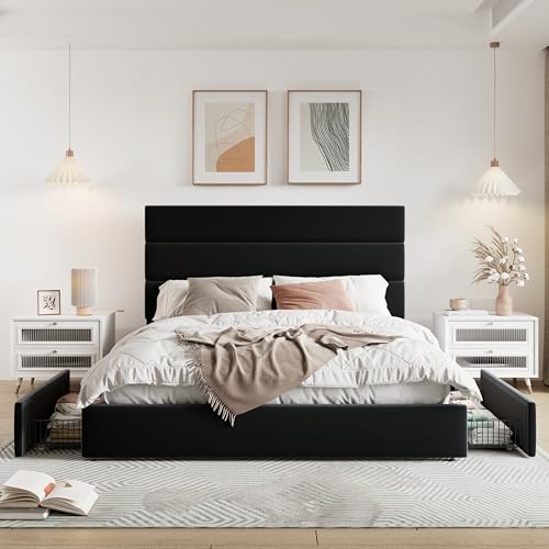 Allewie Modern Full Size Platform Bed Frame with 4 Storage Drawers and Velvet Upholstered Headboard, Wooden Slats Support