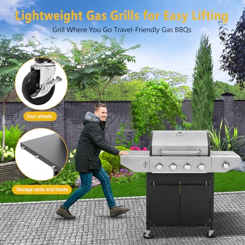 Large Propane Gas Grill with 4-Burners and Side Burner,Outdoor BBQ Grill Griddle with Porcelain-Enameled Cast Iron Grates