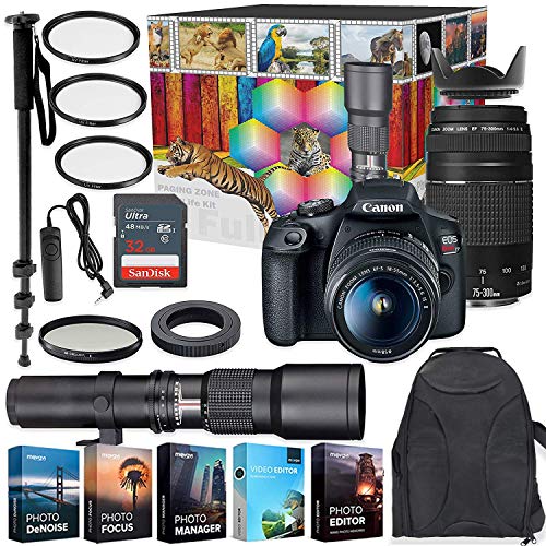 Canon EOS Rebel T7 DSLR Camera with 18-55mm is II Lens + Canon EF 75-300mm f/4-5.6 III Lens and 500mm Preset Lens + 32GB Memory + Filters + Monopod +