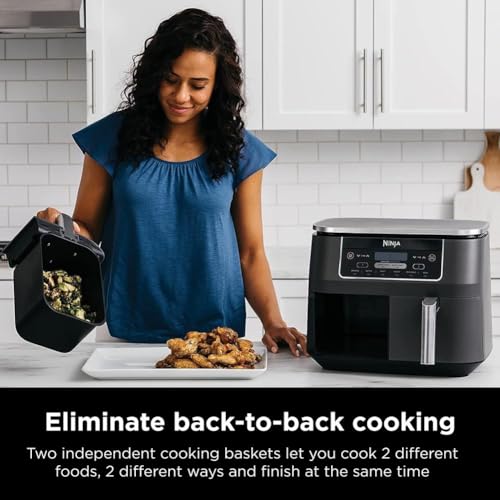 Ninja DZ401 Foodi 10 Quart 6-in-1 DualZone XL 2-Basket Air Fryer with 2 Independent Frying Baskets, Match Cook & Smart Finish to Roast, Broil