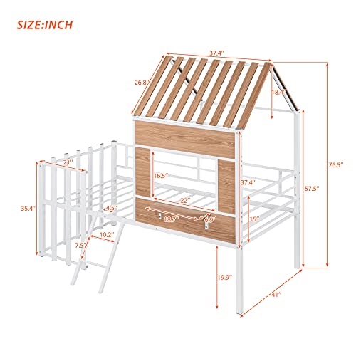 Harper & Bright Designs Kids House Beds Low Loft Bed Frame with Roof, Window, Guardrail and Ladder
